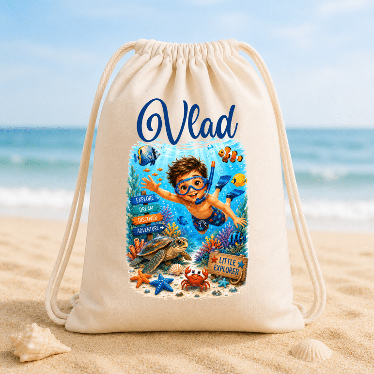 Set de Plajă Personalizat Copii Coral Reef – Rucsac, Sticlă Reutilizabilă și Rachete de Plajă - imagine 3
