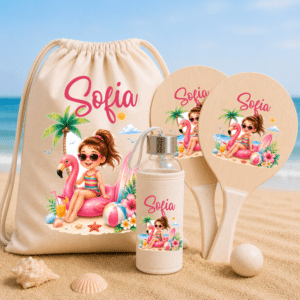 Set de Plajă Personalizat Copii Summer Flamingo – Rucsac, Sticlă Reutilizabilă și Rachete de Plajă