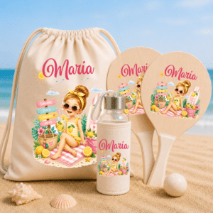 Set de Plajă Personalizat Copii Sunshine Lemonade – Rucsac, Sticlă Reutilizabilă și Rachete de Plajă