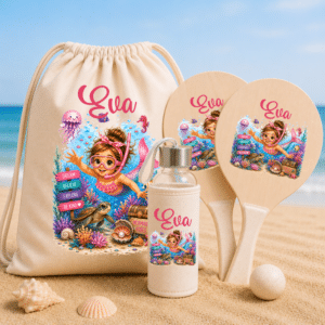 Set de Plajă Personalizat Copii Little Mermaid – Rucsac, Sticlă Reutilizabilă și Rachete de Plajă