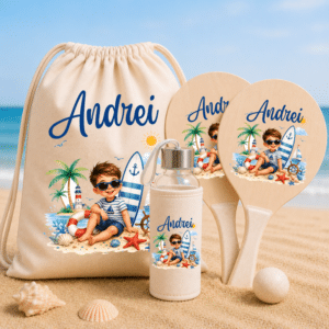 Set de Plajă Personalizat Copii Ocean Breeze – Rucsac, Sticlă Reutilizabilă și Rachete de Plajă
