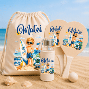 Set de Plajă Personalizat Copii Surf Adventure – Rucsac, Sticlă Reutilizabilă și Rachete de Plajă