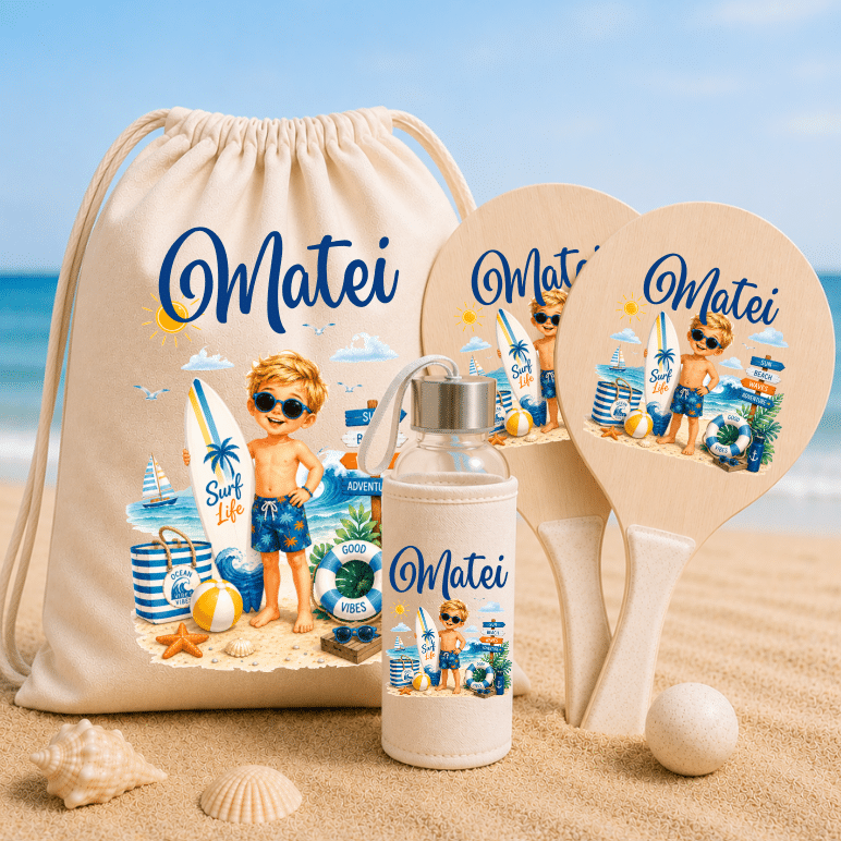 Set de Plajă Personalizat Copii Surf Adventure – Rucsac, Sticlă Reutilizabilă și Rachete de Plajă