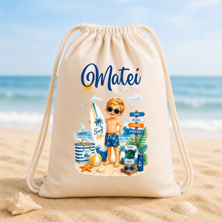 Set de Plajă Personalizat Copii Surf Adventure – Rucsac, Sticlă Reutilizabilă și Rachete de Plajă - imagine 3