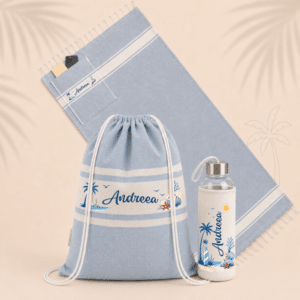 Set de Plaja Personalizat Ocean Breeze – Rucsac 2 în 1 tip Pareo + Sticla Apa Reutilizabilă