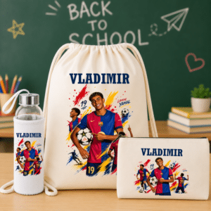 Set Personalizat Copii Fotbal Yamal, Rucsac + Sticlă Apă + Penar Textil Canvas