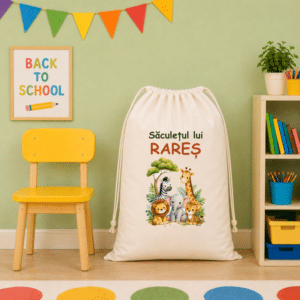 Săculeț XL Personalizat pentru Grădiniță sau Creșă – Safari