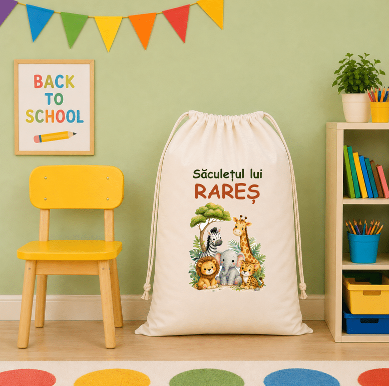 Săculeț XL Personalizat pentru Grădiniță sau Creșă – Safari