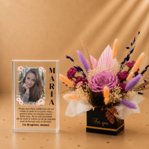 Set Cadou Personalizat pentru Fiică de la Mama – Trofeu din Sticlă + Trandafir Criogenat