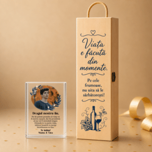 set cadou personalizat pentru fiu trofeu sticla cu poza cutie vin