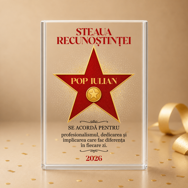 Trofeu Sticlă Personalizat, Steaua Recunostintei, Cadou de apreciere