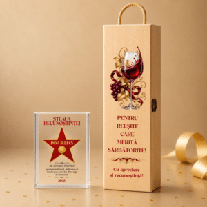 Set Cadou Personalizat Steaua Recunostintei - Trofeu Sticla + Cutie pentru Vin