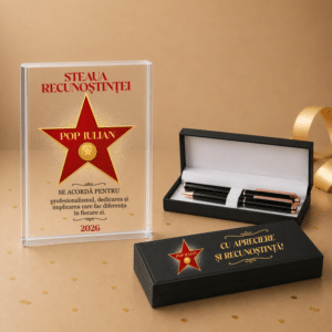 Set Cadou Personalizat Steaua Recunostintei - Trofeu Sticla + Set Pixuri Premium